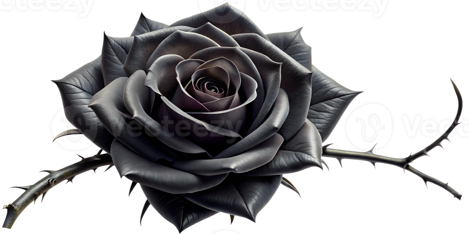 Black rose with thorns displayed against a white background, cut out transparent png