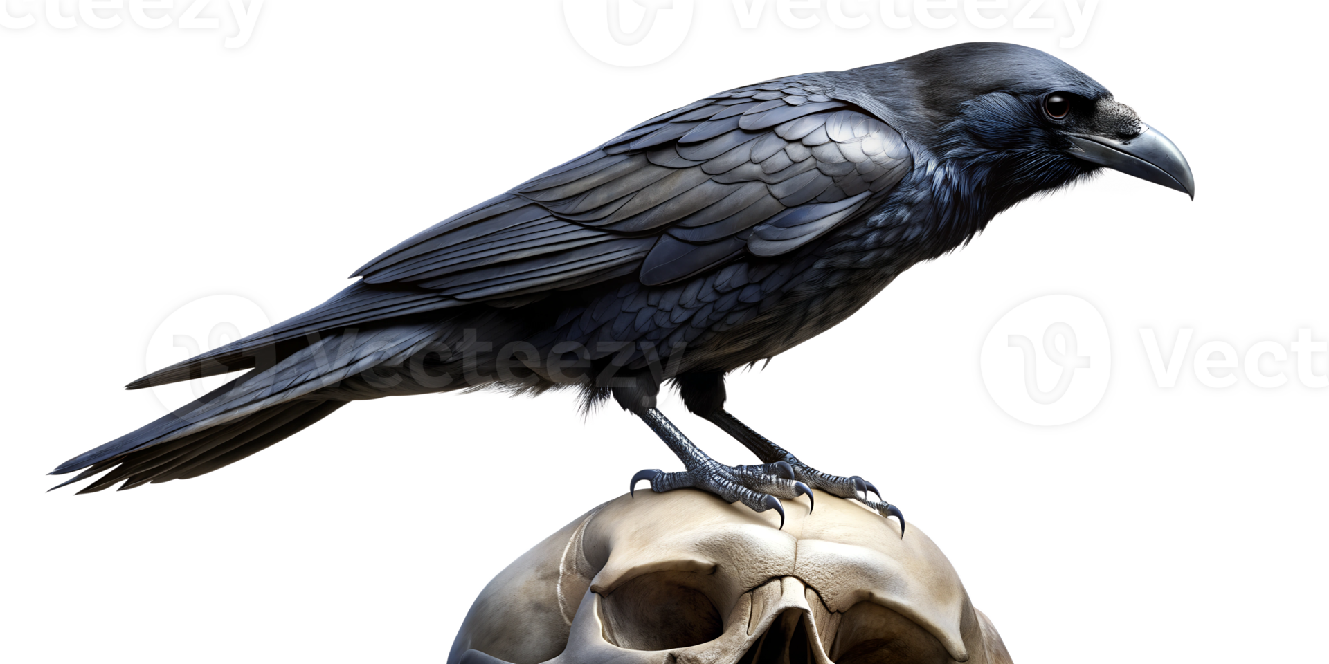 Black raven perched on a human skull against a plain background, cut out transparent png