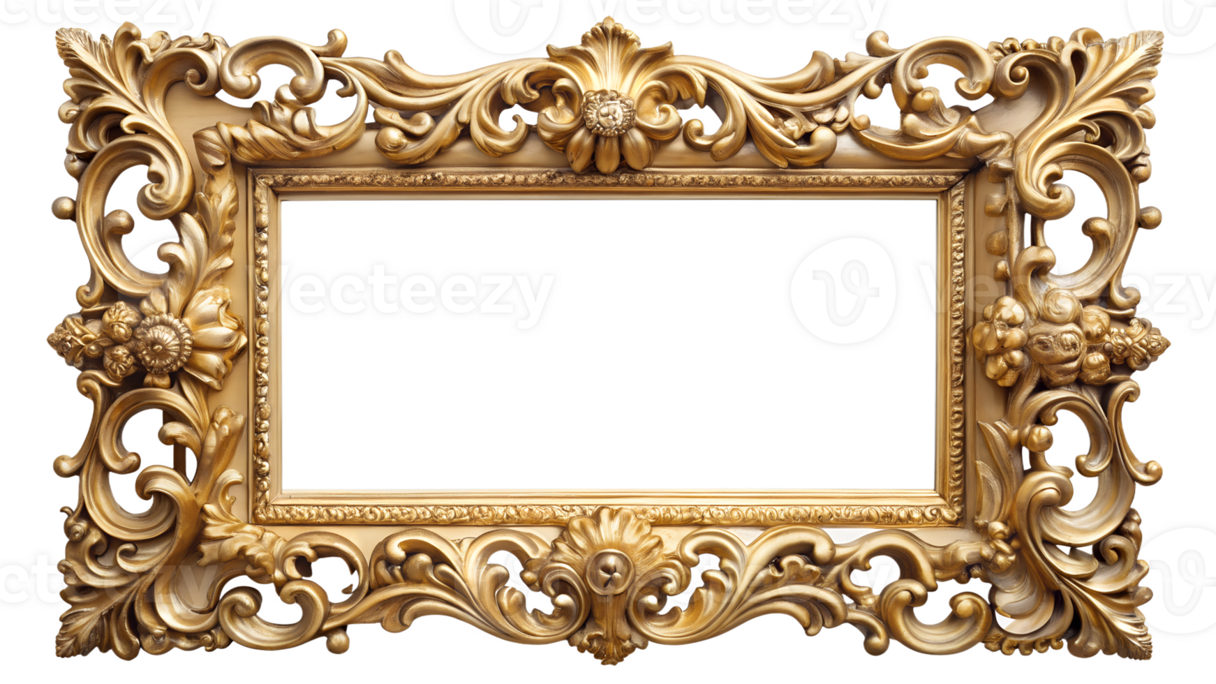 Ornate golden frame with intricate details ready for artwork display, cut out transparent png