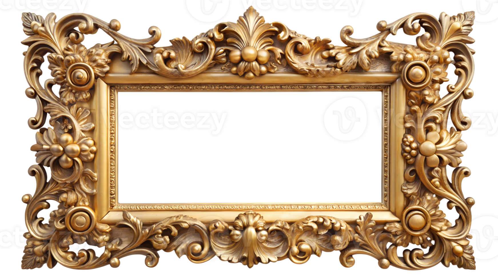 Ornate golden picture frame with intricate floral designs, cut out transparent png