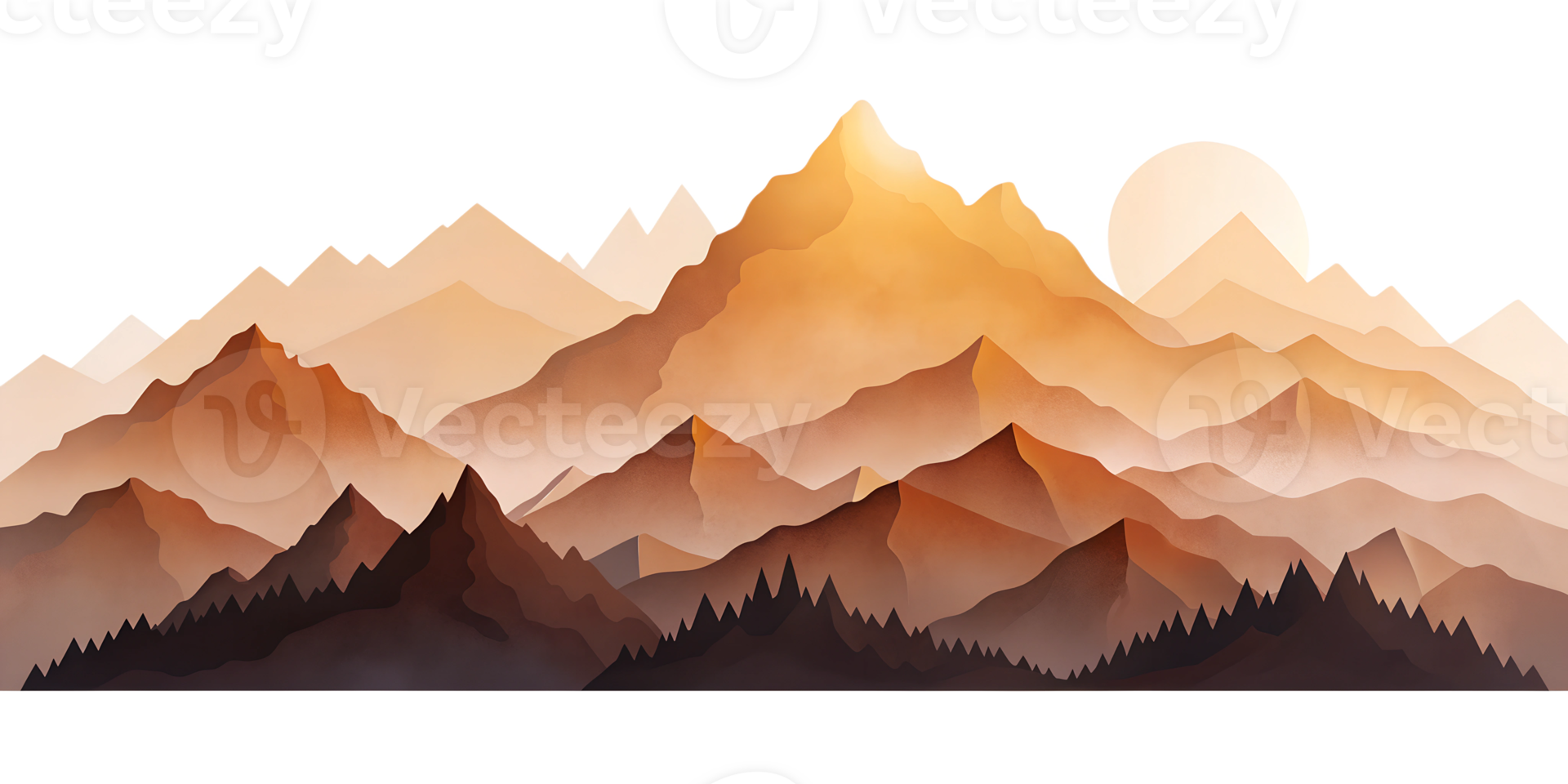 Golden sunrise over mountain range with layered hills and trees, cut out transparent png