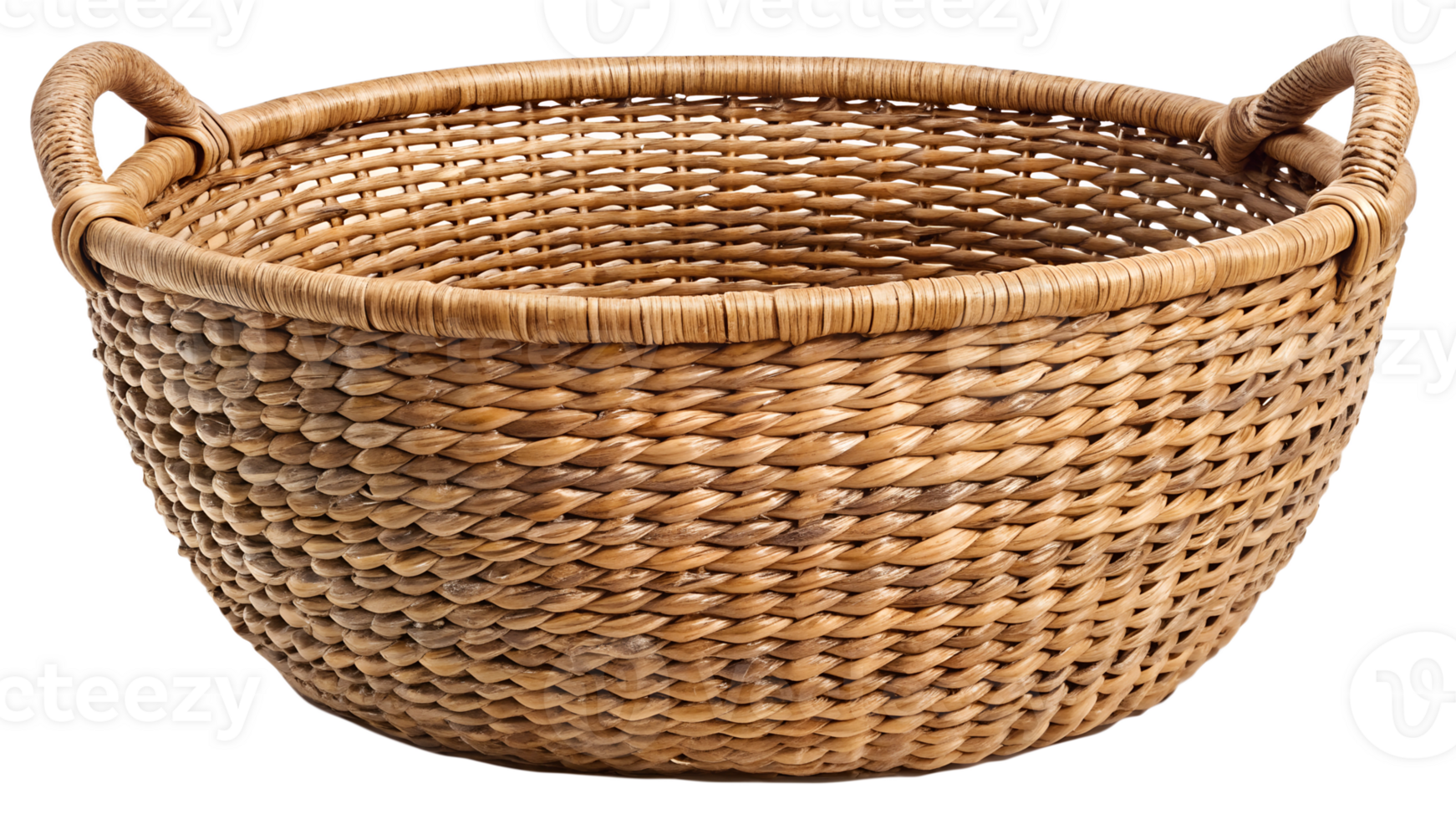 Handwoven wicker basket with handles perfect for storage and decor, cut out transparent png