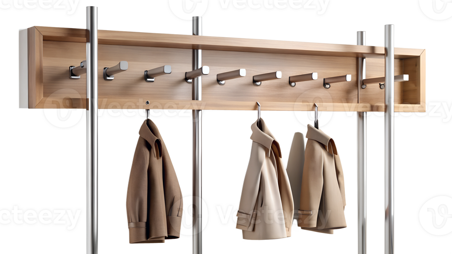 Chic coat rack in wood and metal holds several jackets, cut out transparent png