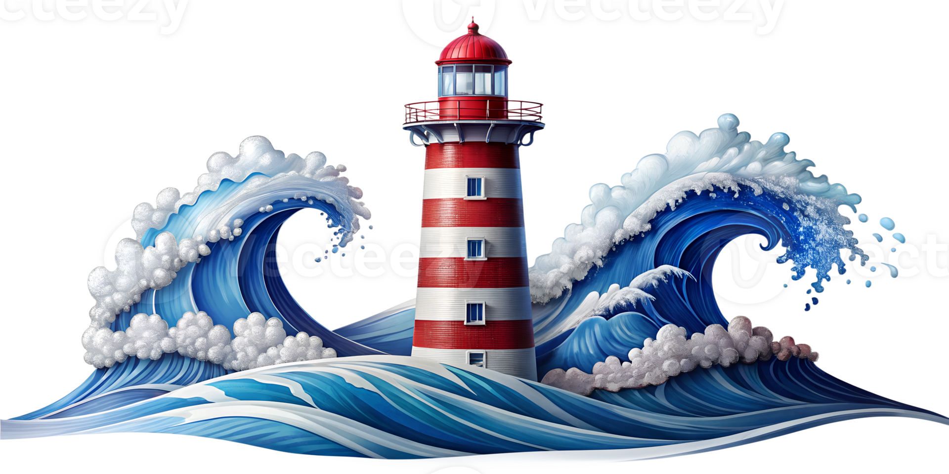 Striking lighthouse surrounded by dramatic ocean waves at sea, cut out transparent png