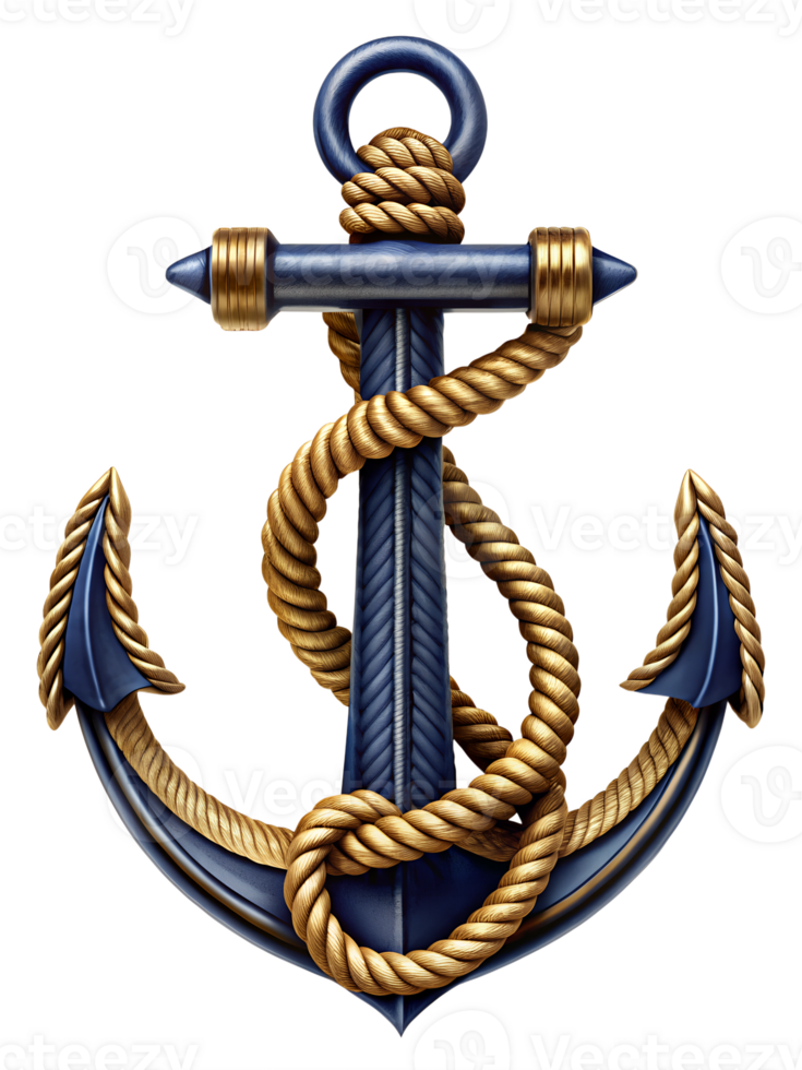 Decorative maritime anchor entwined with rope on a vibrant background, cut out transparent png