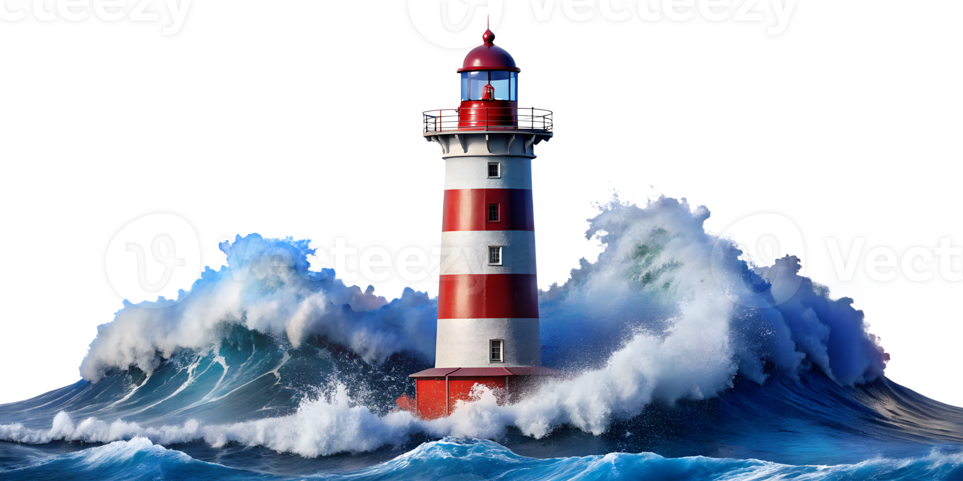 Red and white lighthouse amidst crashing waves under bright sky, cut out transparent png