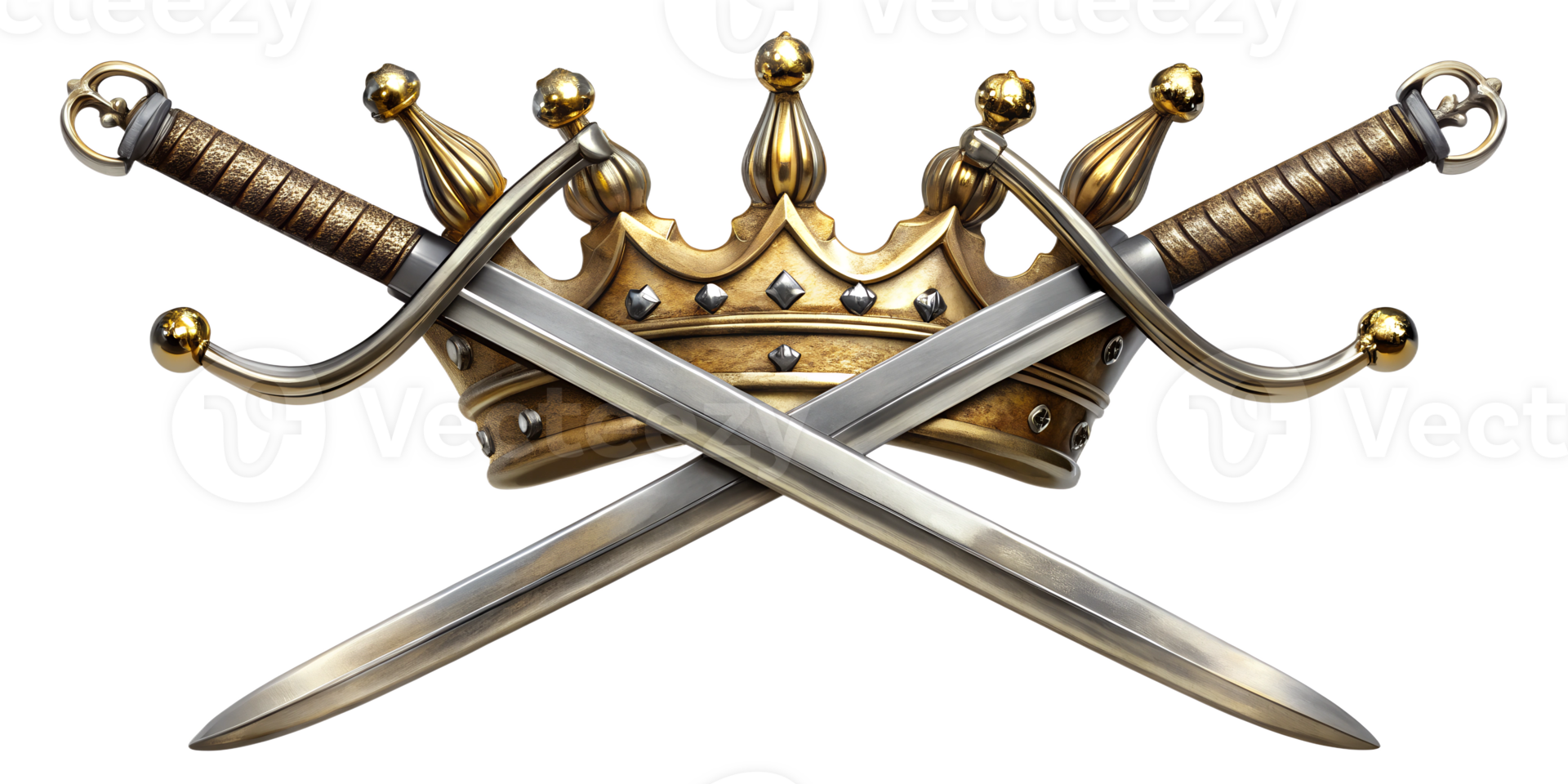 Crossed swords and a crown symbolizing power and nobility in battle, cut out transparent png