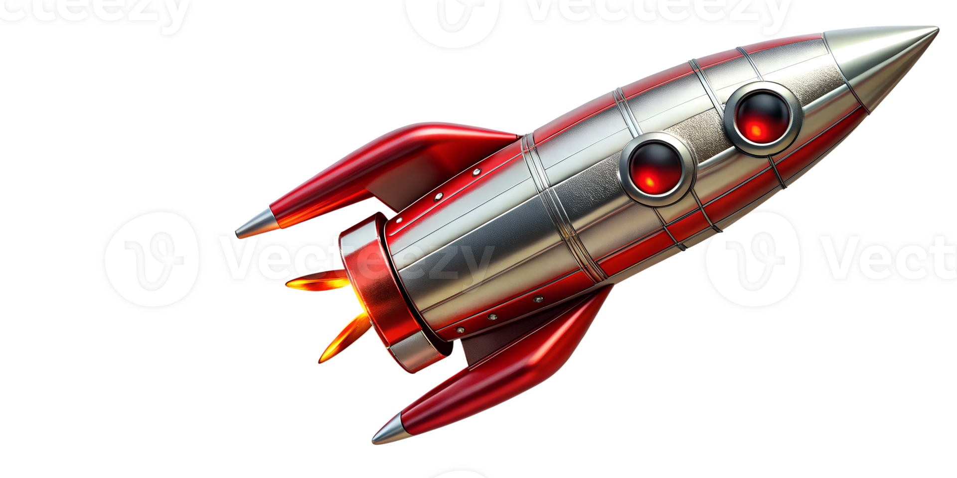 Retro rocket launch illustration with fiery propulsion effects, cut out transparent png