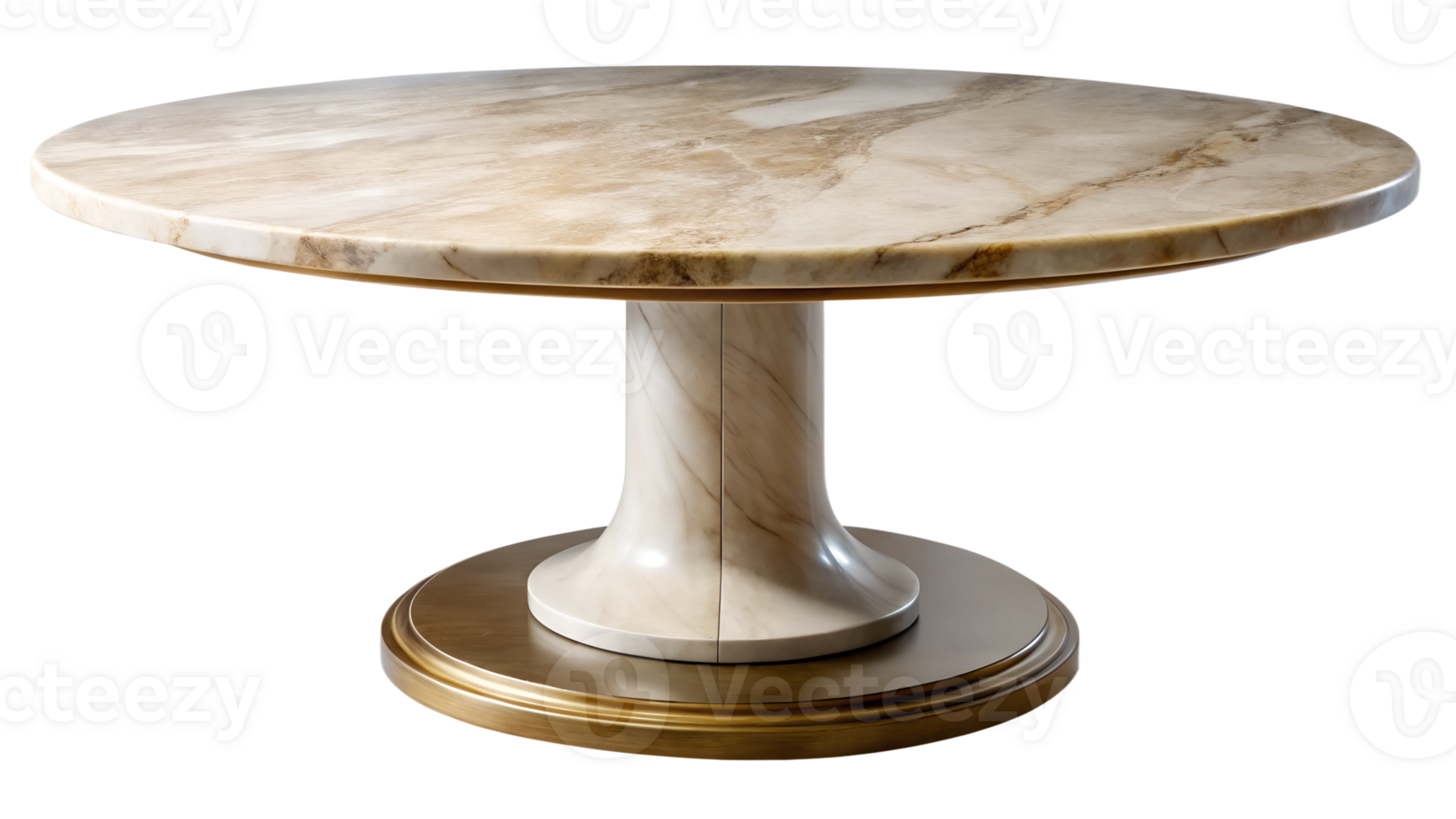 Elegant round marble dining table with a gold-accented base, cut out transparent png