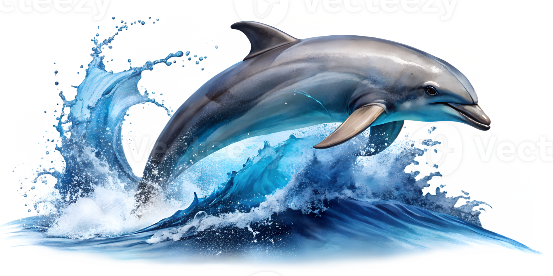 A dolphin leaps gracefully over vibrant ocean waves during daylight, cut out transparent png