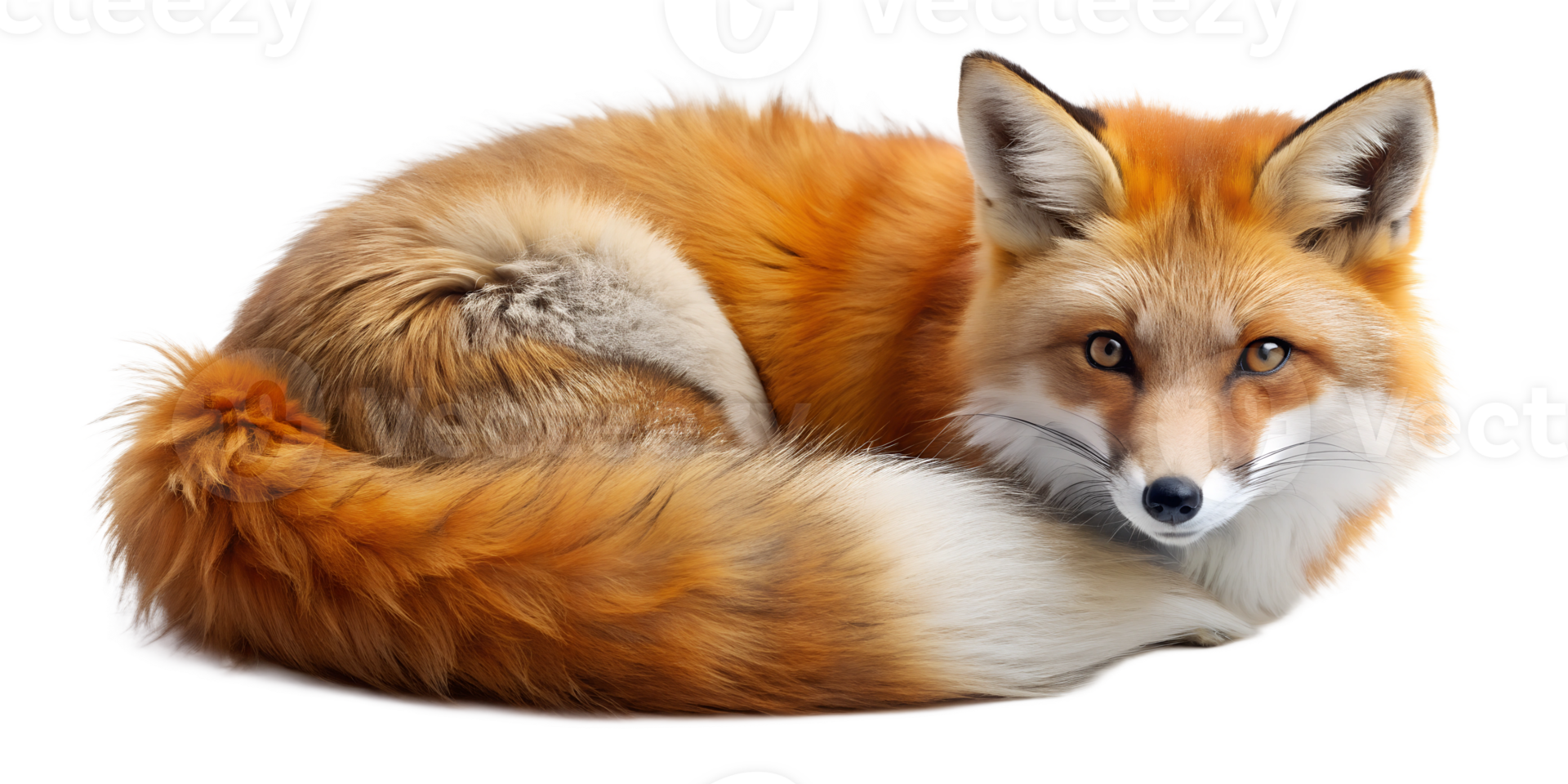 Elegant red fox curled up on a white background in a relaxed pose, cut out transparent png