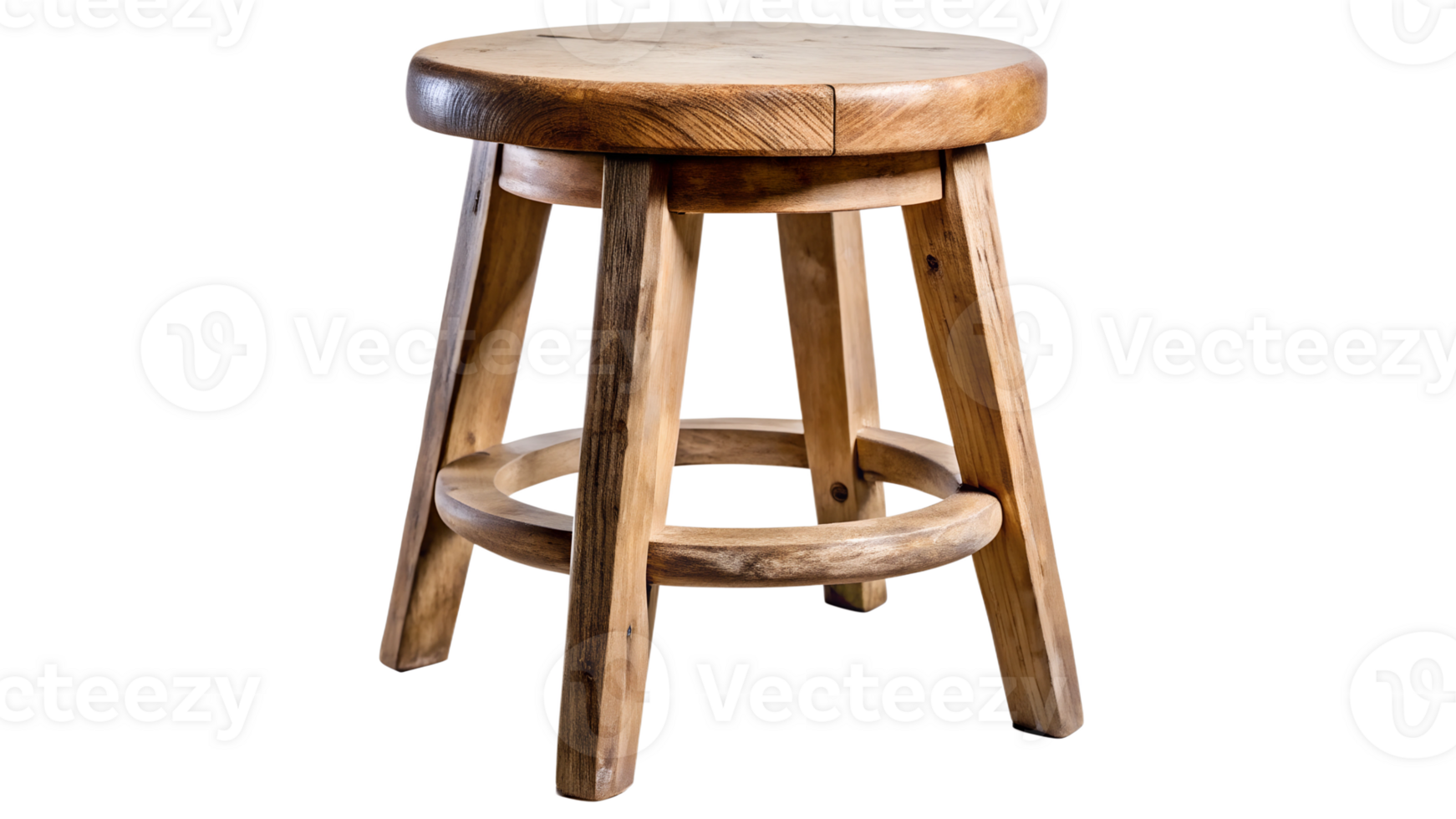 Simple wooden stool with round seat and sturdy legs on display, cut out transparent png