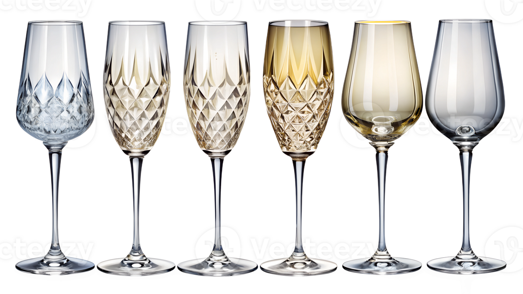 Elegant display of various wine glasses in diverse designs and shapes, cut out transparent png