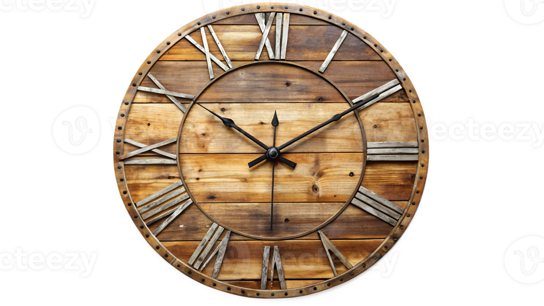 Rustic wooden wall clock with Roman numerals in warm tones, cut out transparent png