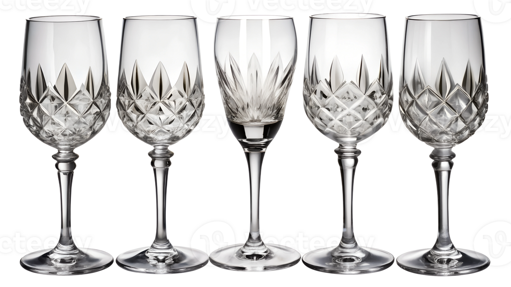 Elegant collection of crystal glasses arranged for a gathering, cut out transparent png
