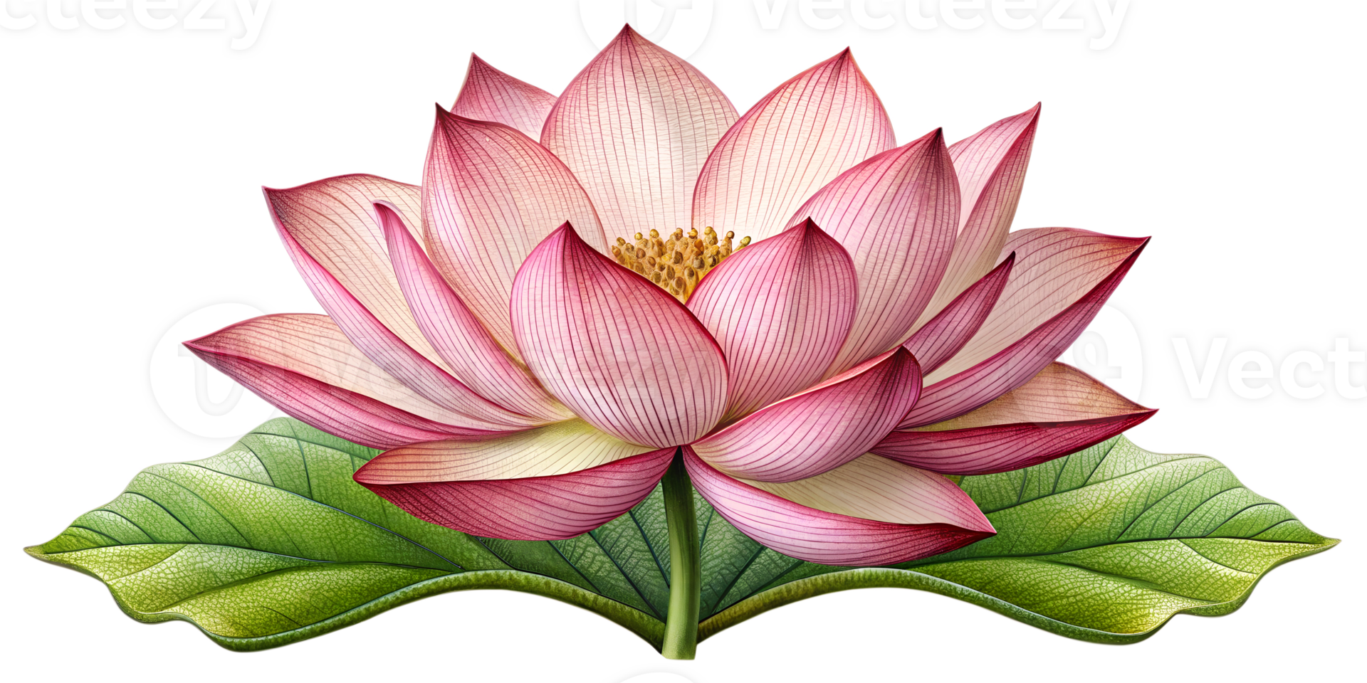 Beautiful pink lotus flower bloom with green leaves in springtime, cut out transparent png