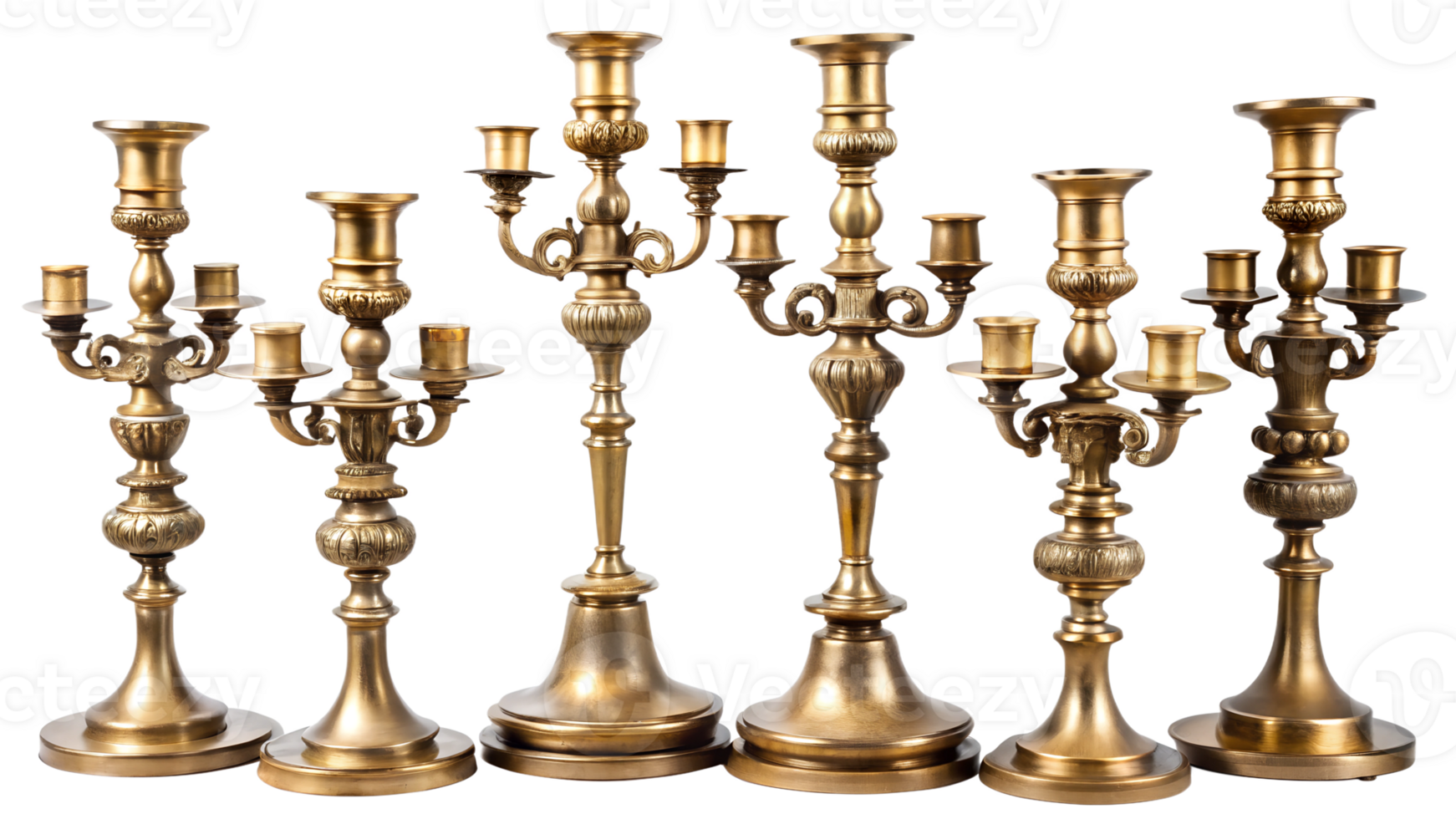 Elegant collection of brass candlesticks for home decor, cut out transparent png