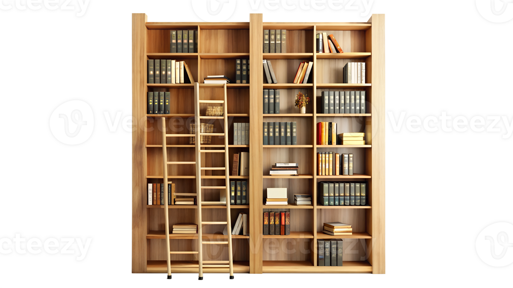Modern wooden bookshelf with ladder in a cozy home library setup, cut out transparent png