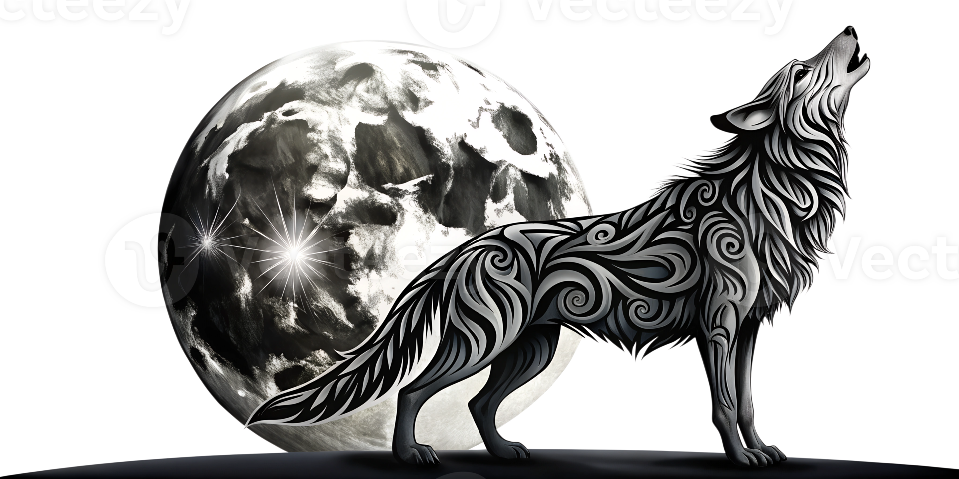 Wolf howling at the moon in a stylized black and white design, cut out transparent png