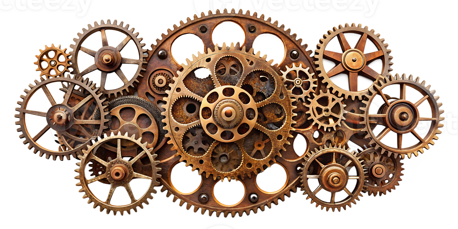 Intricate arrangement of vintage gears and cogs on a white background, cut out transparent png