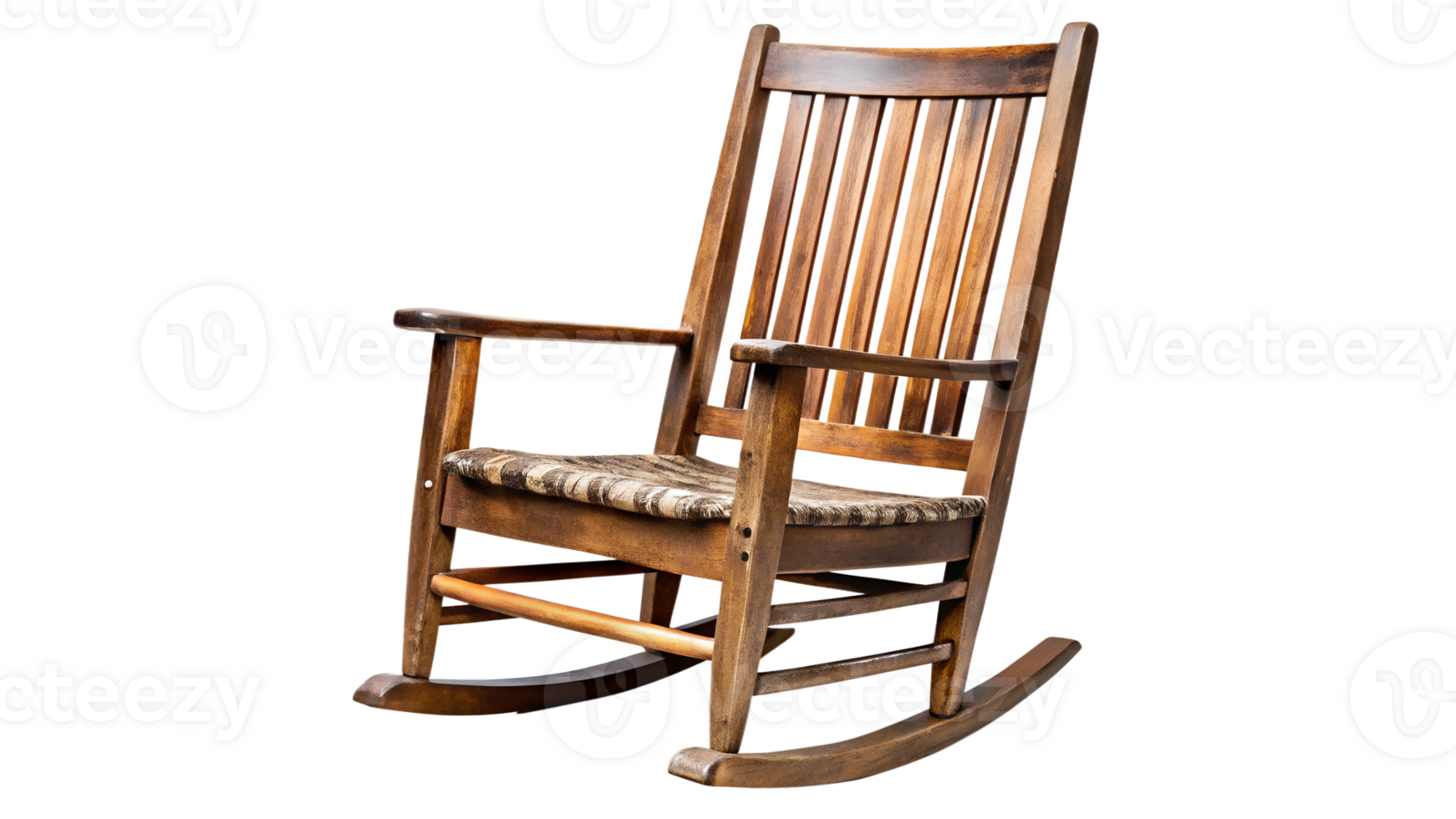 Classic wooden rocking chair with cushioned seat in cozy setting, cut out transparent png