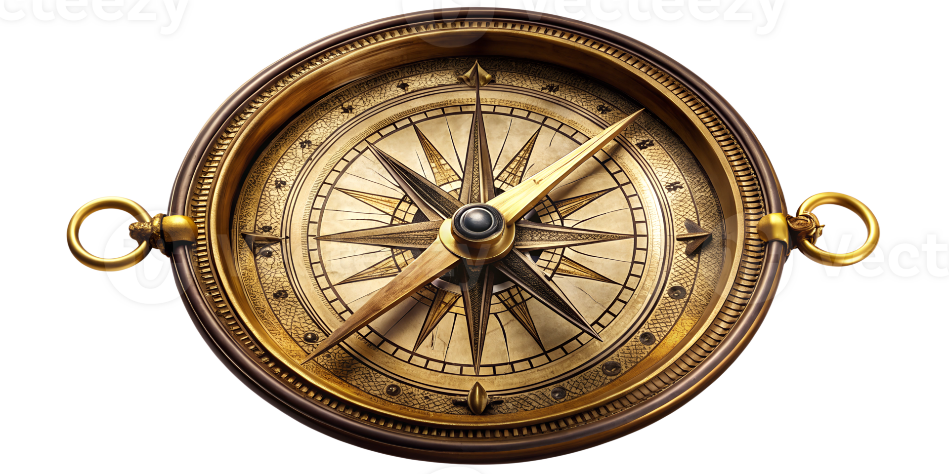 Antique brass compass on wooden surface with intricate design, cut out transparent png
