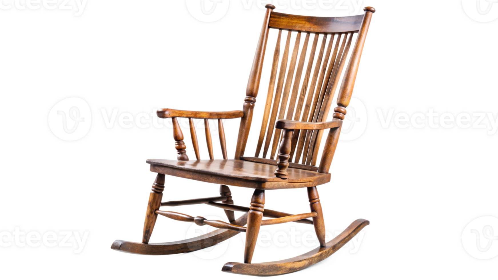 A vintage wooden rocking chair displayed in a bright setting, cut out transparent png