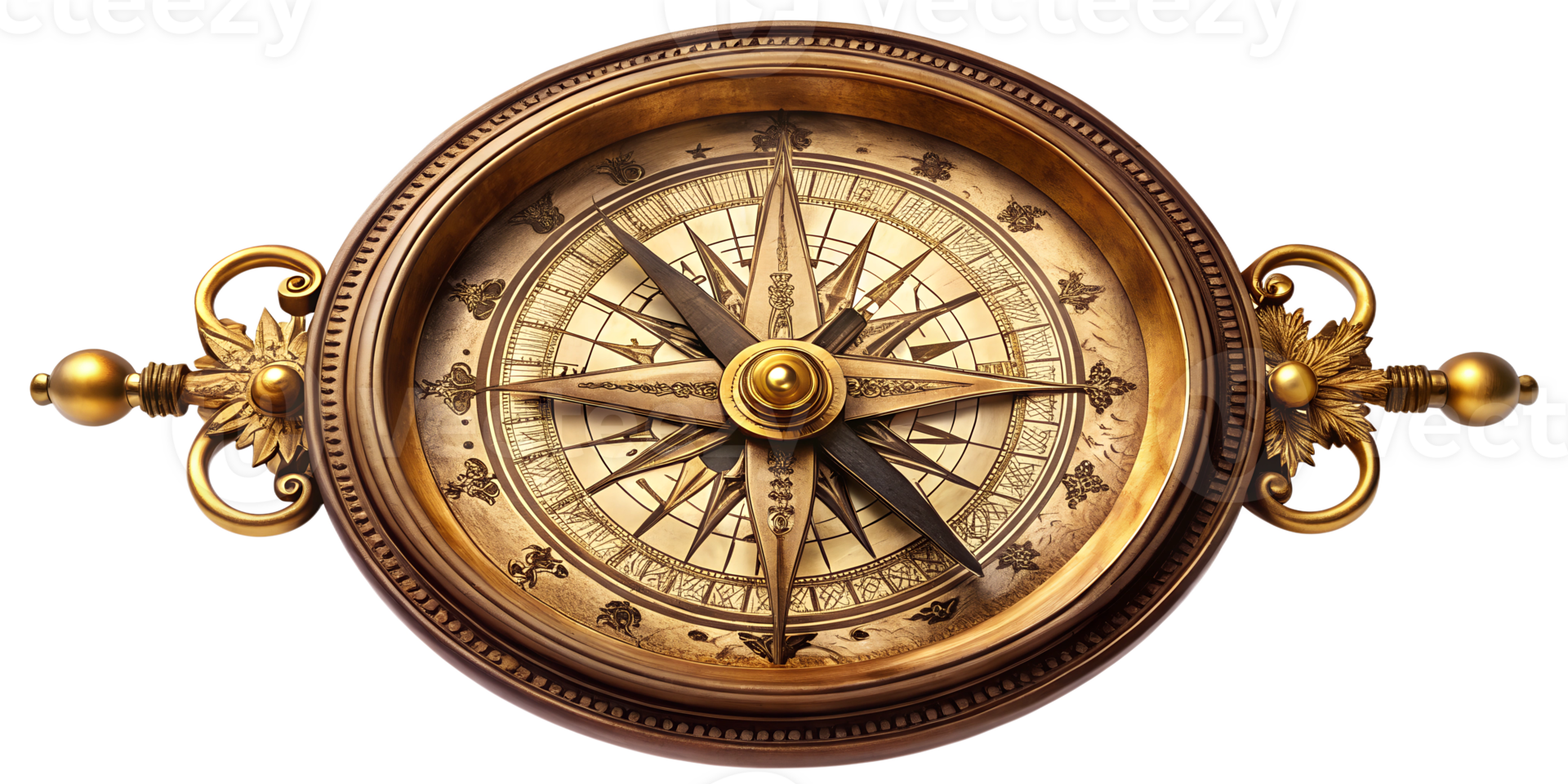 Antique compass with intricate design resting on a wooden table, cut out transparent png