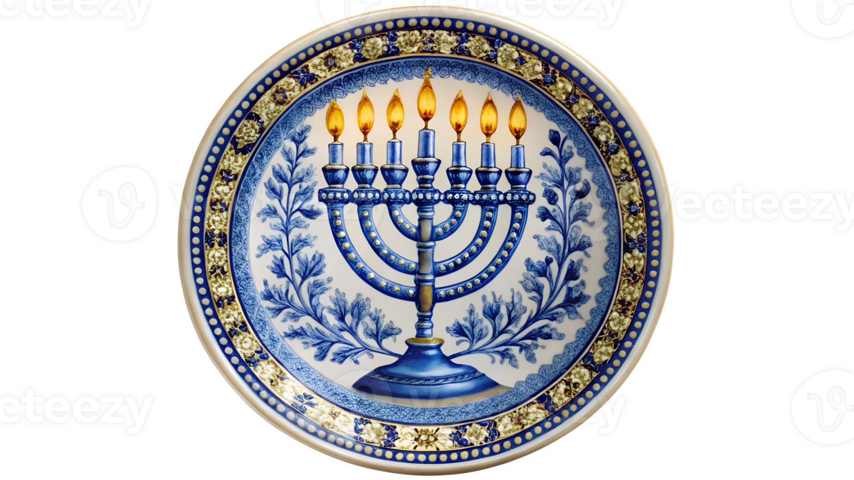 Traditional menorah displayed on decorative plate transparent png