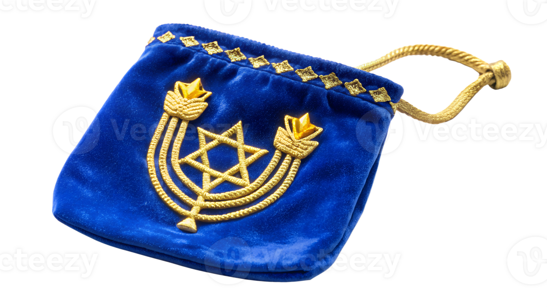 Blue velvet pouch with golden Star of David design transparent png
