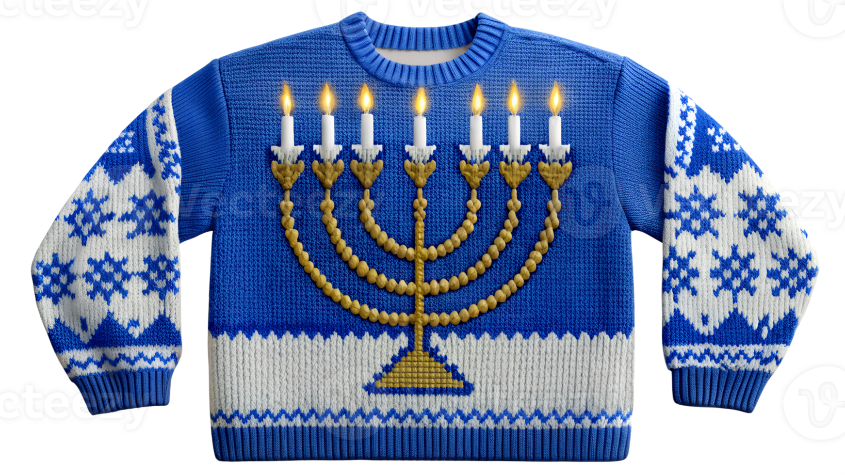 Cozy blue sweater with menorah design for Hanukkah transparent png
