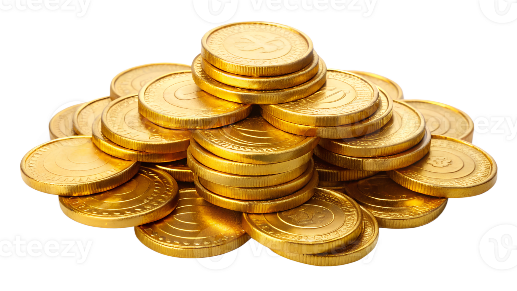 A pile of shiny gold coins stacked together transparent png