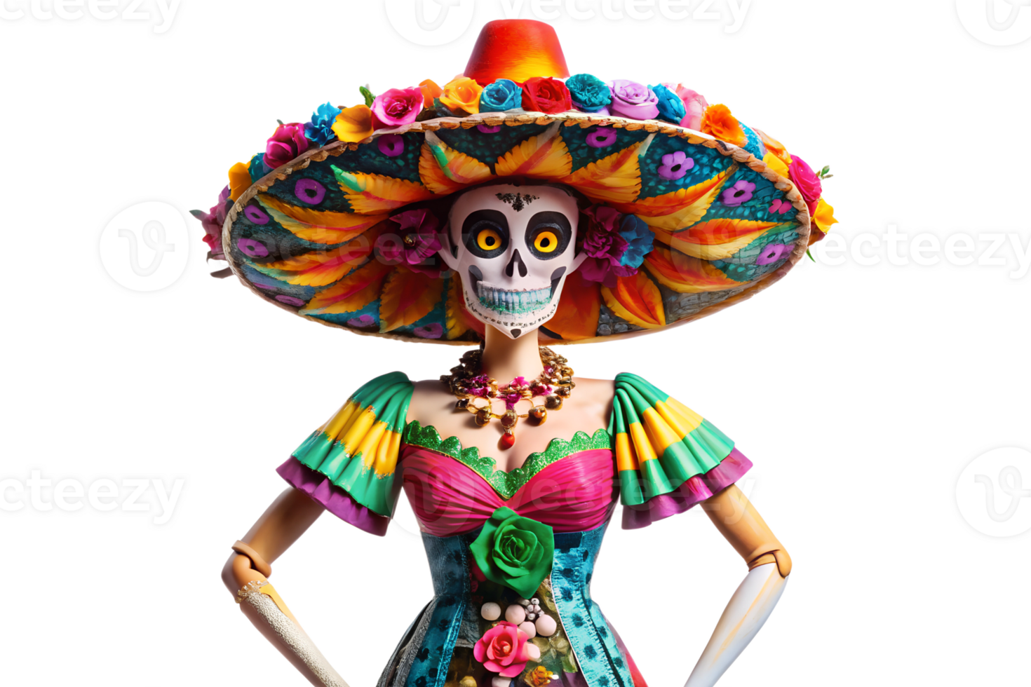 Colorful skeleton figure in vibrant dress and hat transparent png