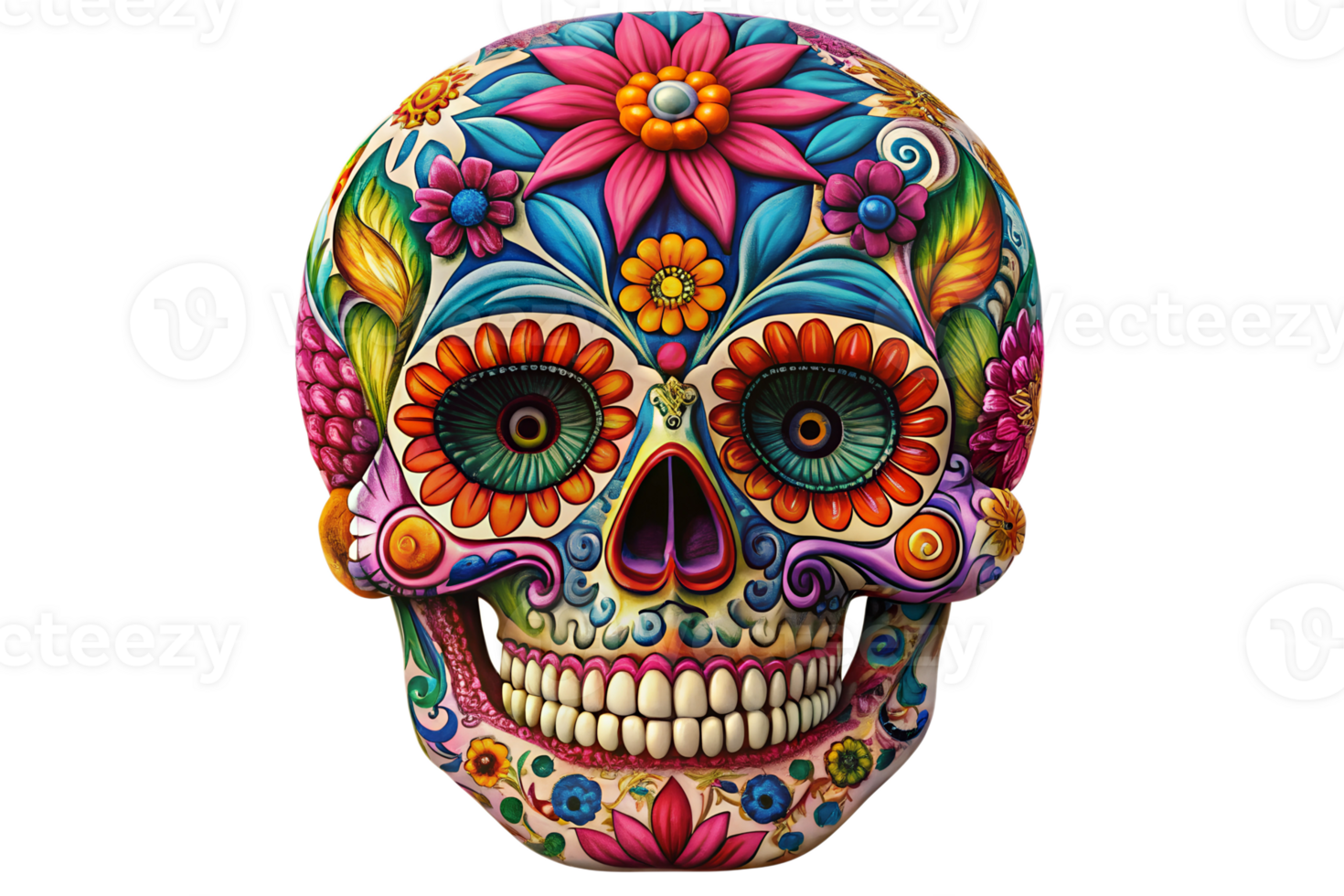 Colorful sugar skull with flowers transparent png