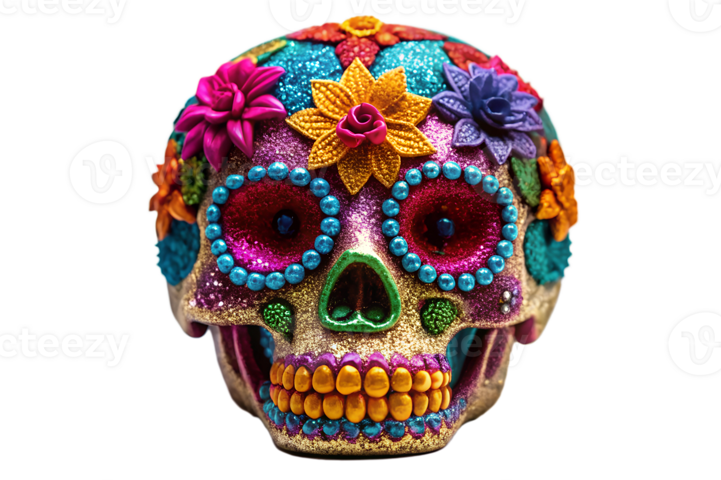 Colorful decorative skull with flowers on display transparent png