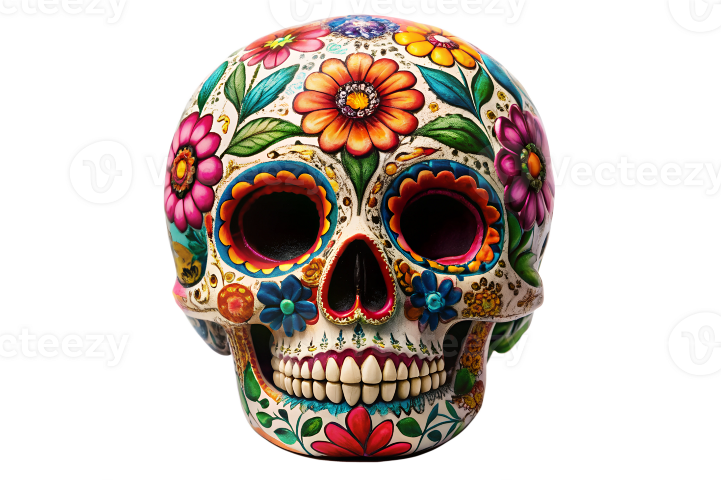 Colorful decorative skull with floral patterns transparent png