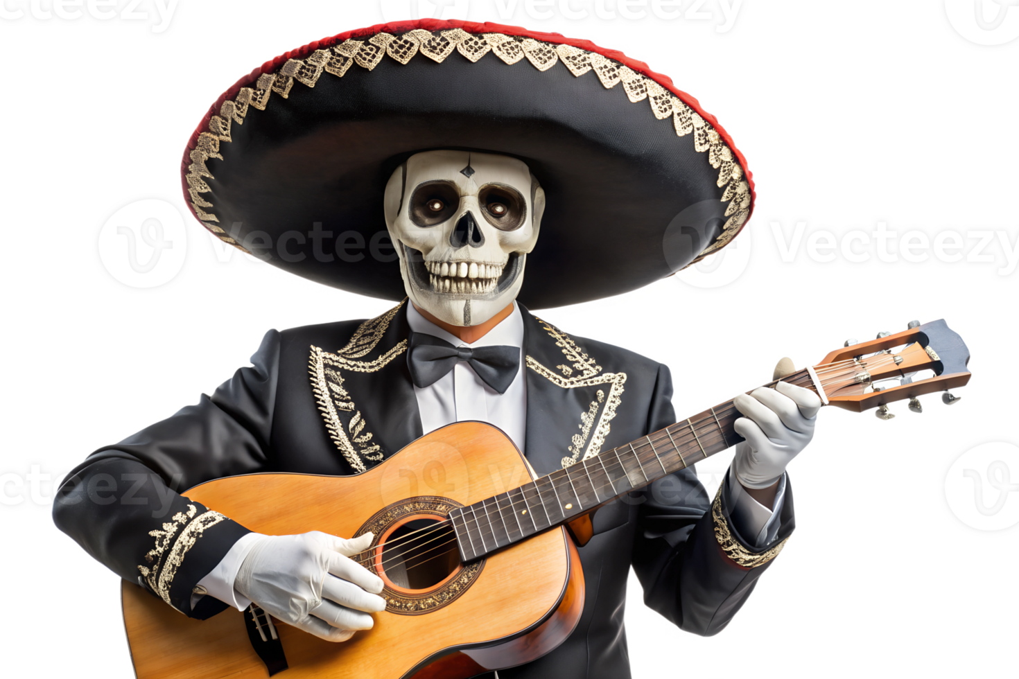 A skeleton musician in a sombrero playing guitar transparent png