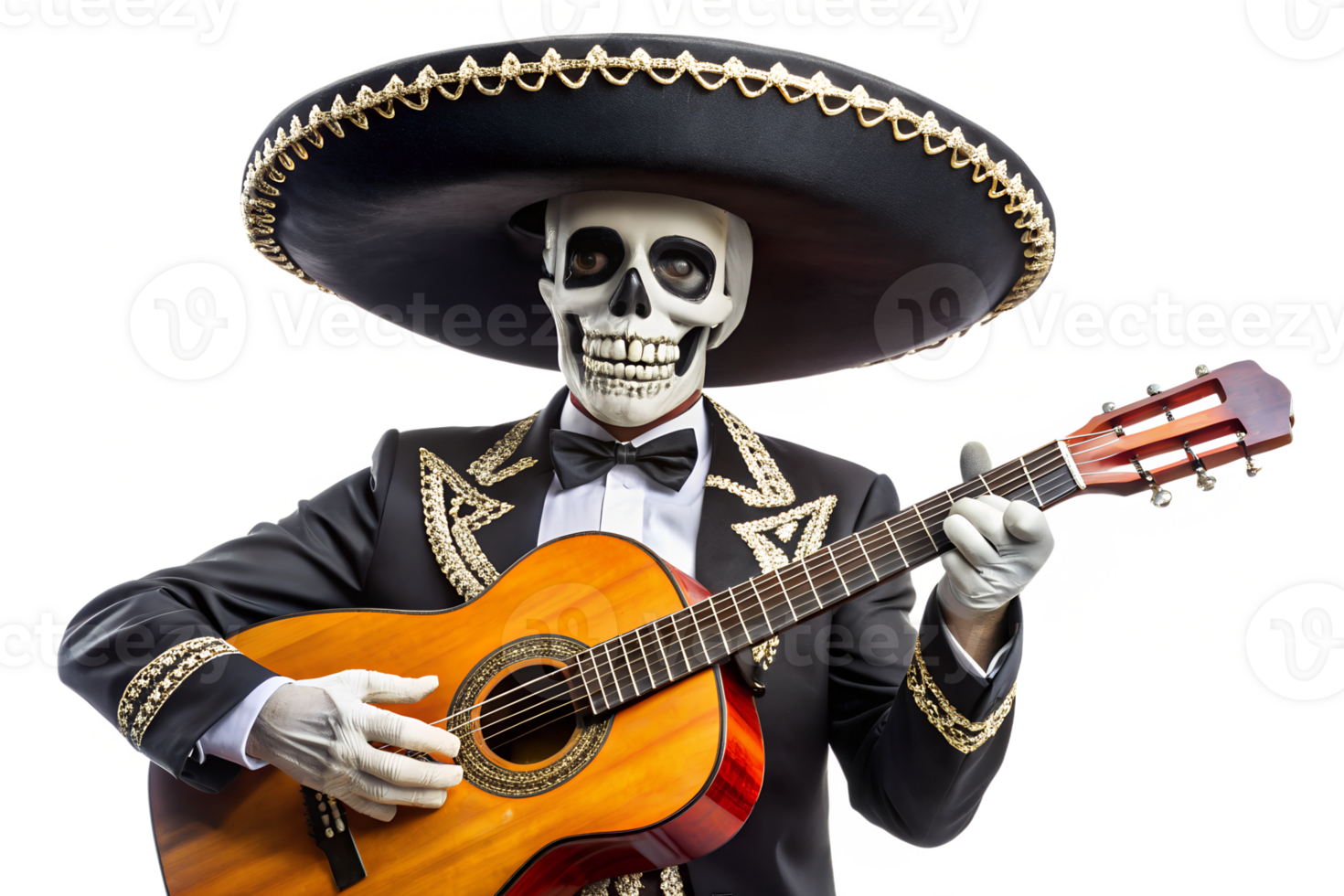 Skeleton musician in traditional dress strumming transparent png