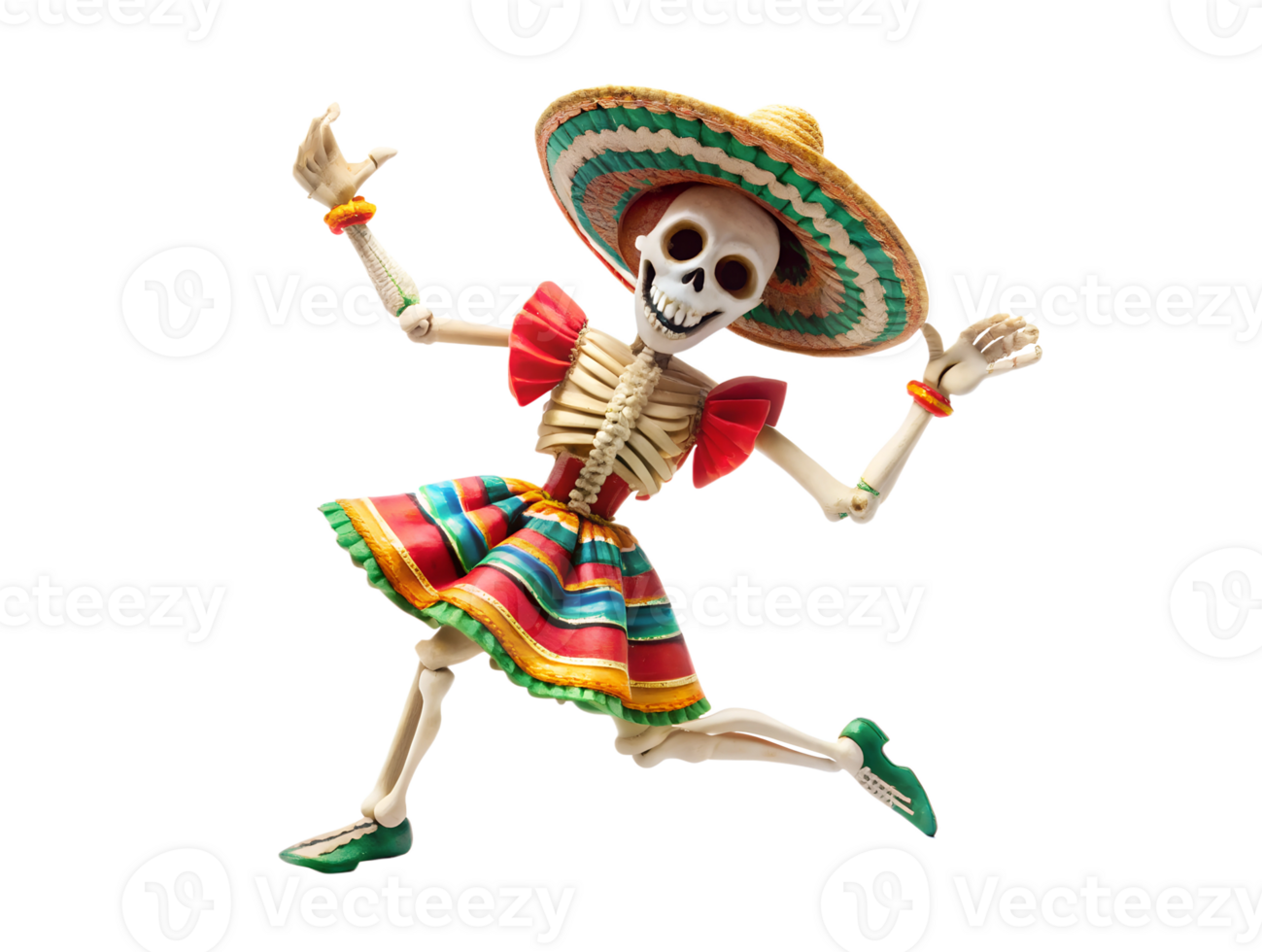 Colorful skeleton dancing in a festive sombrero transparent png