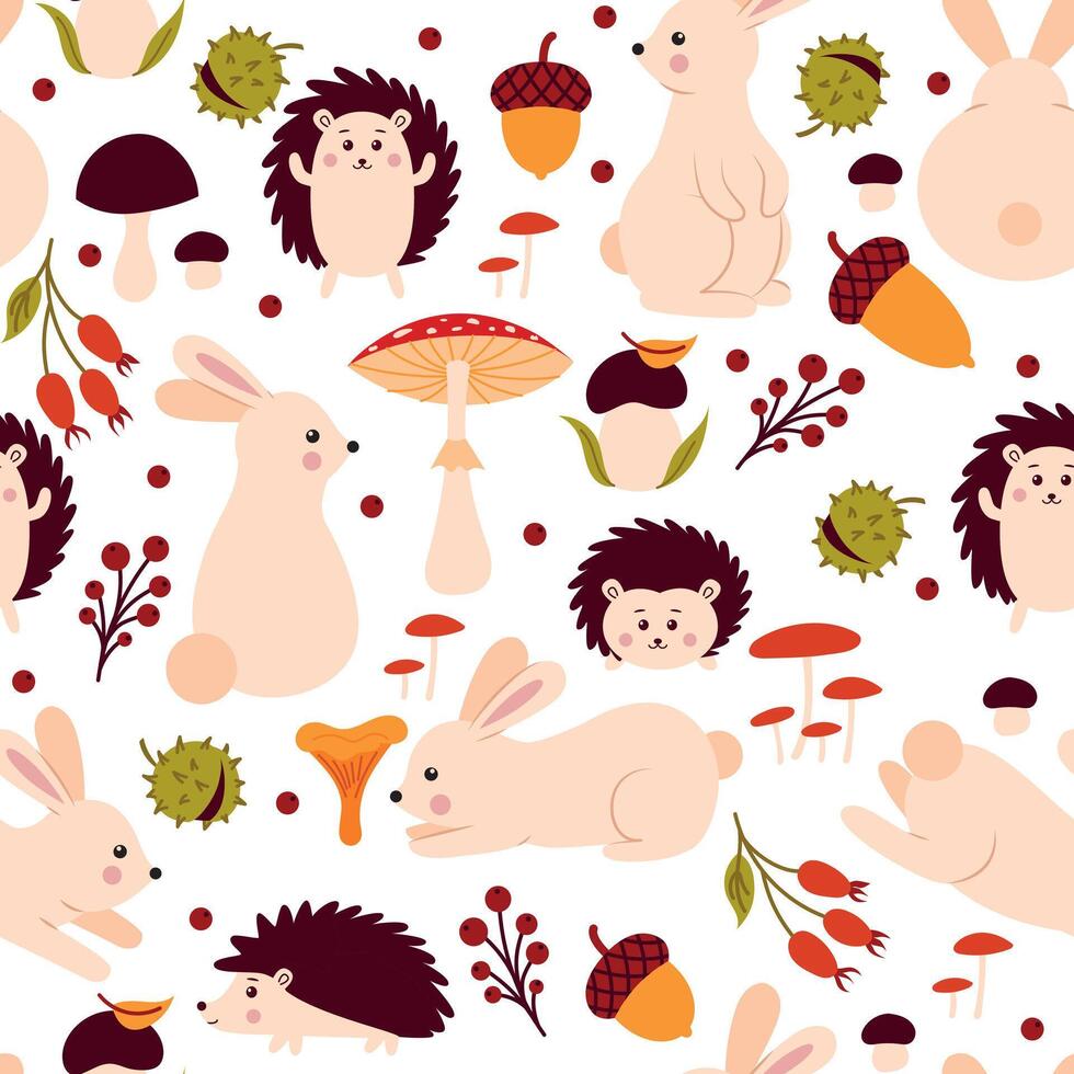 Seamless pattern with rabbits and hedgehogs vector