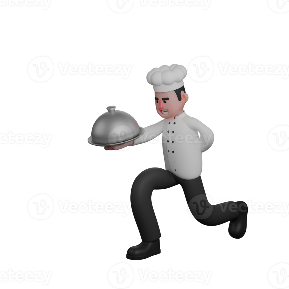 Cartoon of a Male Chef. A Chef is squatting while carrying a silver tray with a food cover. 3D Style png