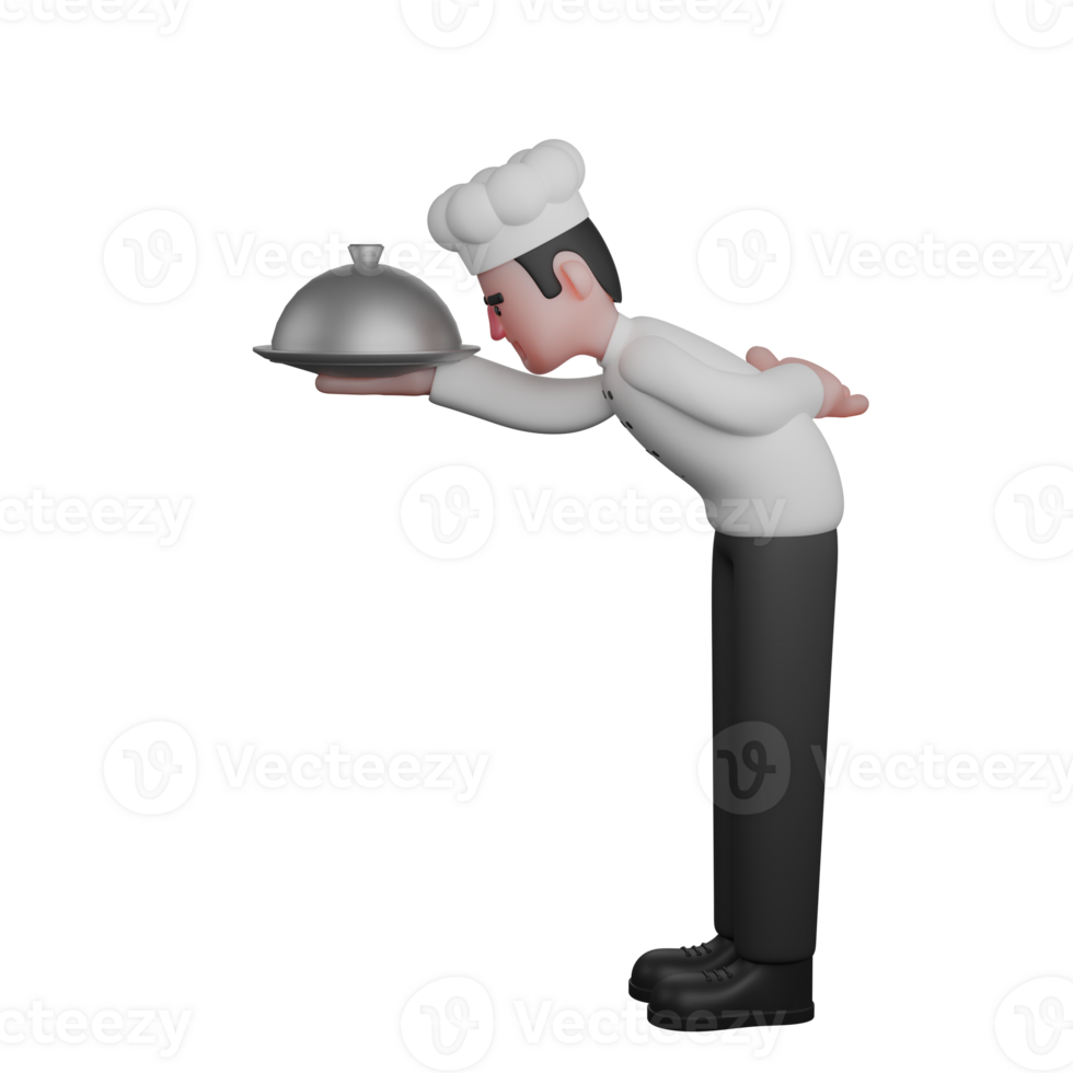 Professional Chef Character. A chef is bowing politely while holding a tray with a silver food cover in his right hand. 3D Male Model png
