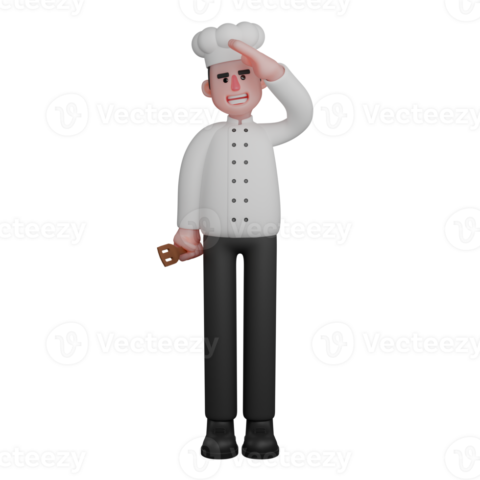 Professional Chef 3D Art. A chef is standing with his right hand holding a spatula and his left hand giving a salute on his forehead. Male Characte png