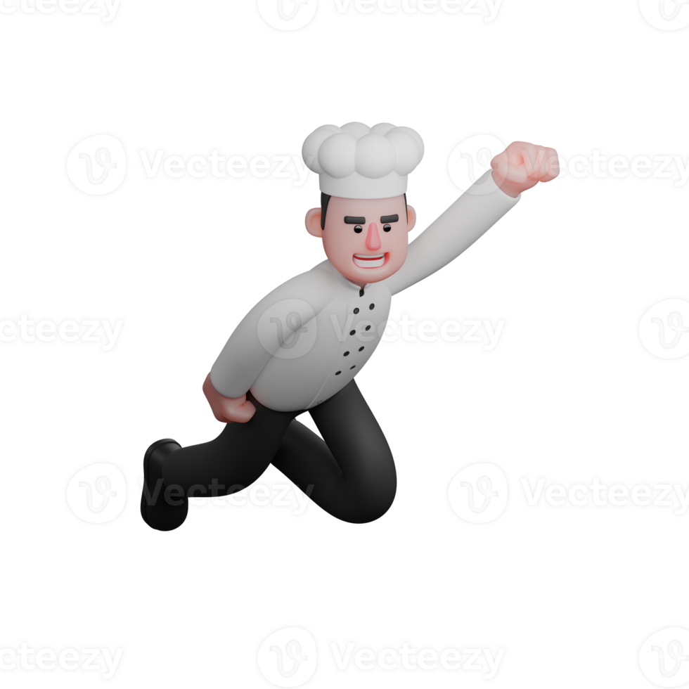 Chef's Daily Routine in 3D. A chef is posing like a superhero, with one knee on the ground and one hand raised forward as if flying. Male Cartoon png