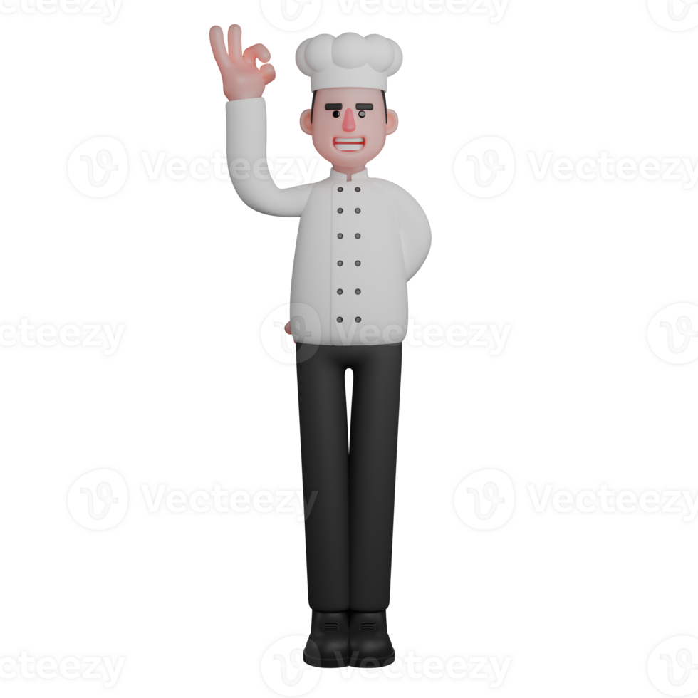 Male Culinary Artist 3D Model. A chef is standing raising his right hand in an OK gesture using his thumb and index finger. Chef Cartoon png