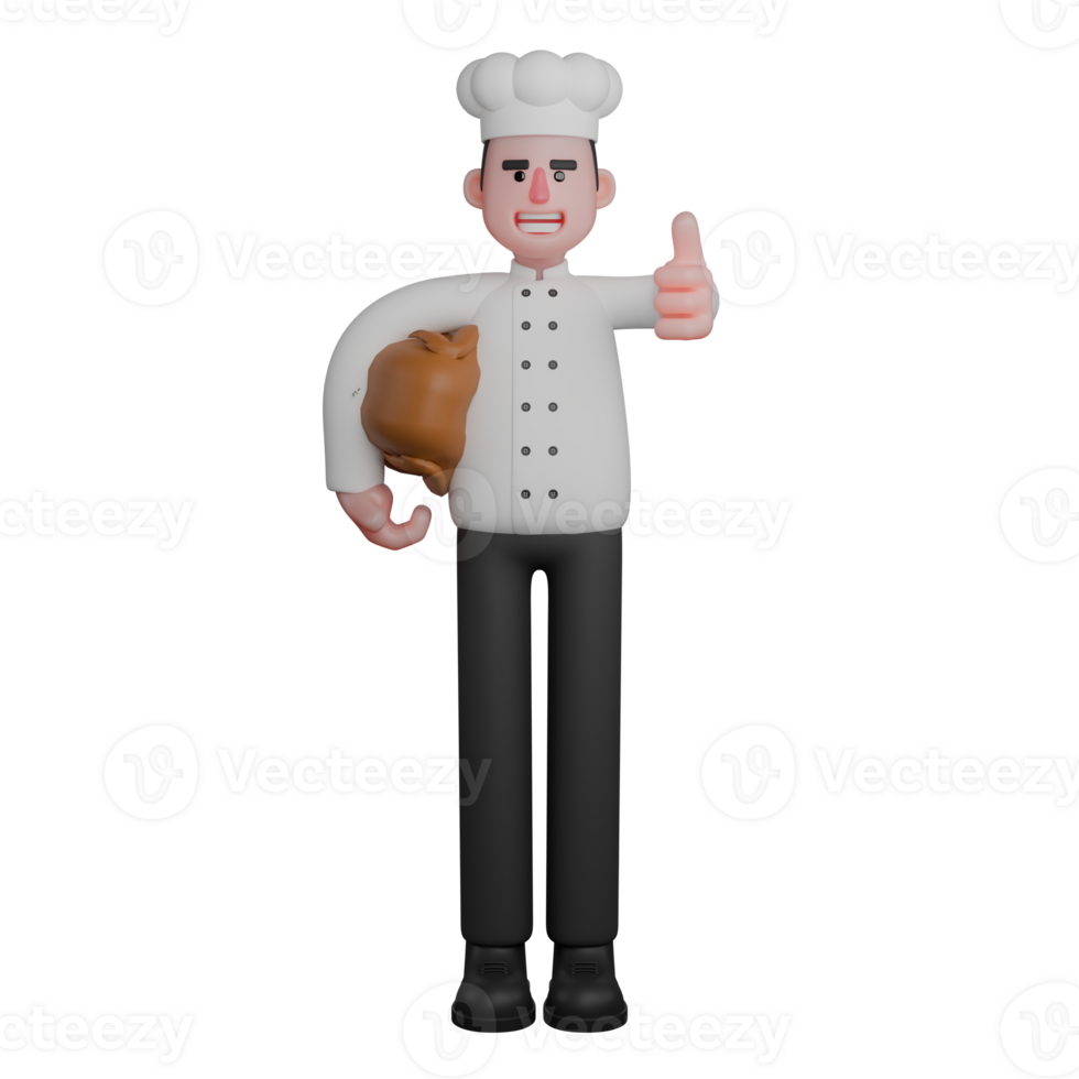 3D Culinary Character. A chef is holding a roasted chicken in one hand while giving a thumbs-up with the other hand png