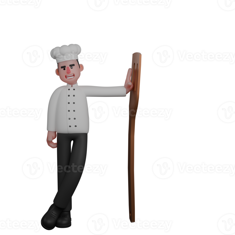 Culinary Provider 3D. A chef is casually leaning against a large spatula with a confident facial expression. Male Chef Cartoon png