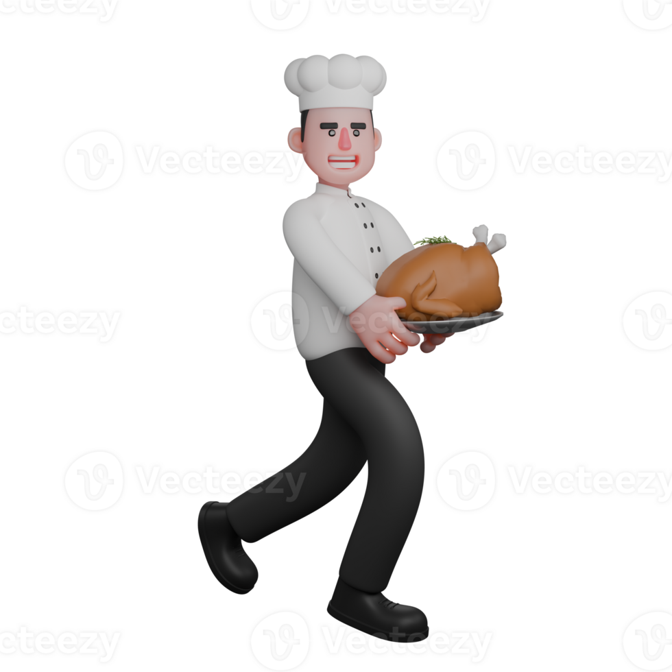 3D Culinary Practitioner. A chef walks by carrying a dish of roasted meat on a plate. Male Chef png
