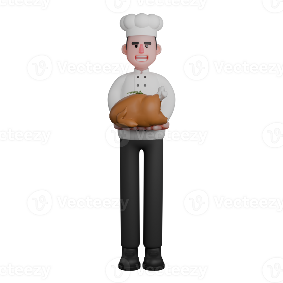3D Model of Male Chef. A chef holding a roasted chicken garnished with herbs. Professional Cook png