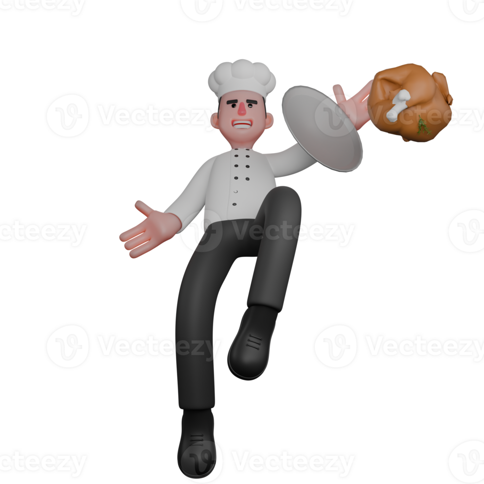 Male Chef in Kitchen Setting. A chef is seen falling and dropping roast chicken from the plate. 3D Character png
